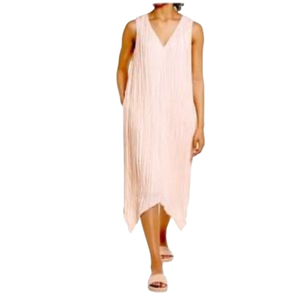 Nordstrom Pale Peachy Pink Pleated V Neck Sleeveless Midi Dress Casual Chic‎ S